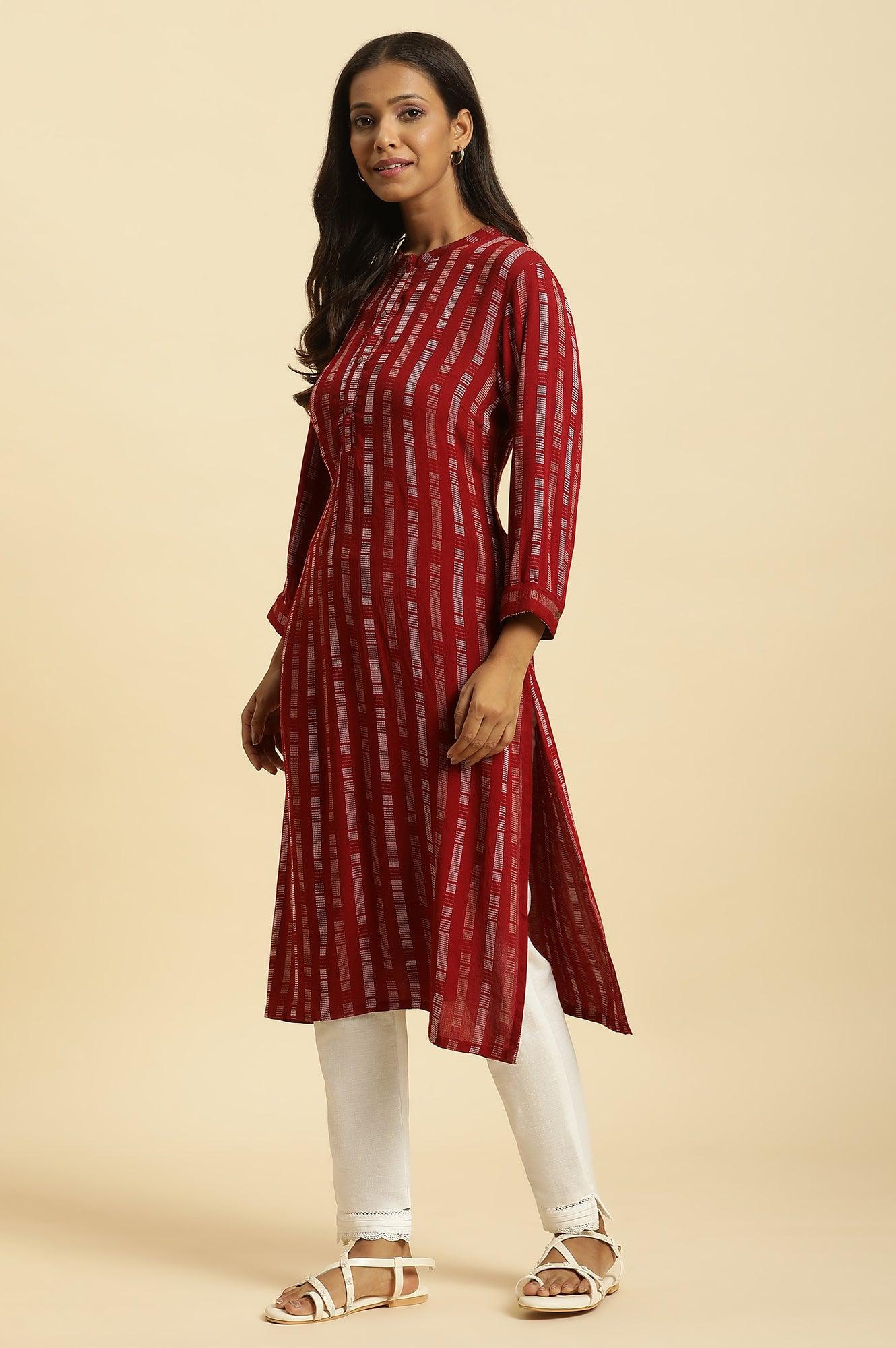Red Printed Mandarin Collar Casual Kurta - wforwoman