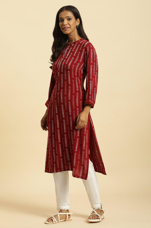 Red Printed Mandarin Collar Casual Kurta