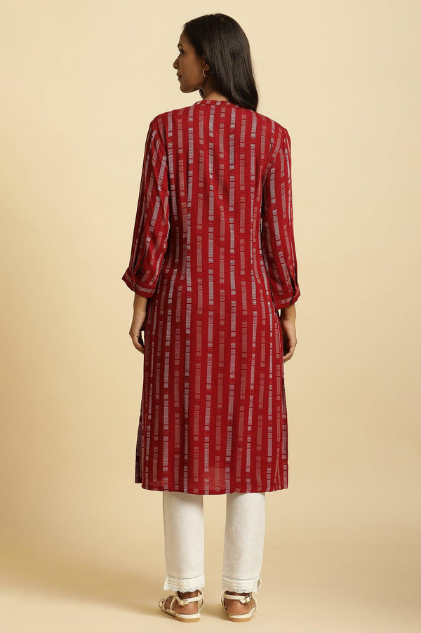 Red Printed Mandarin Collar Casual Kurta
