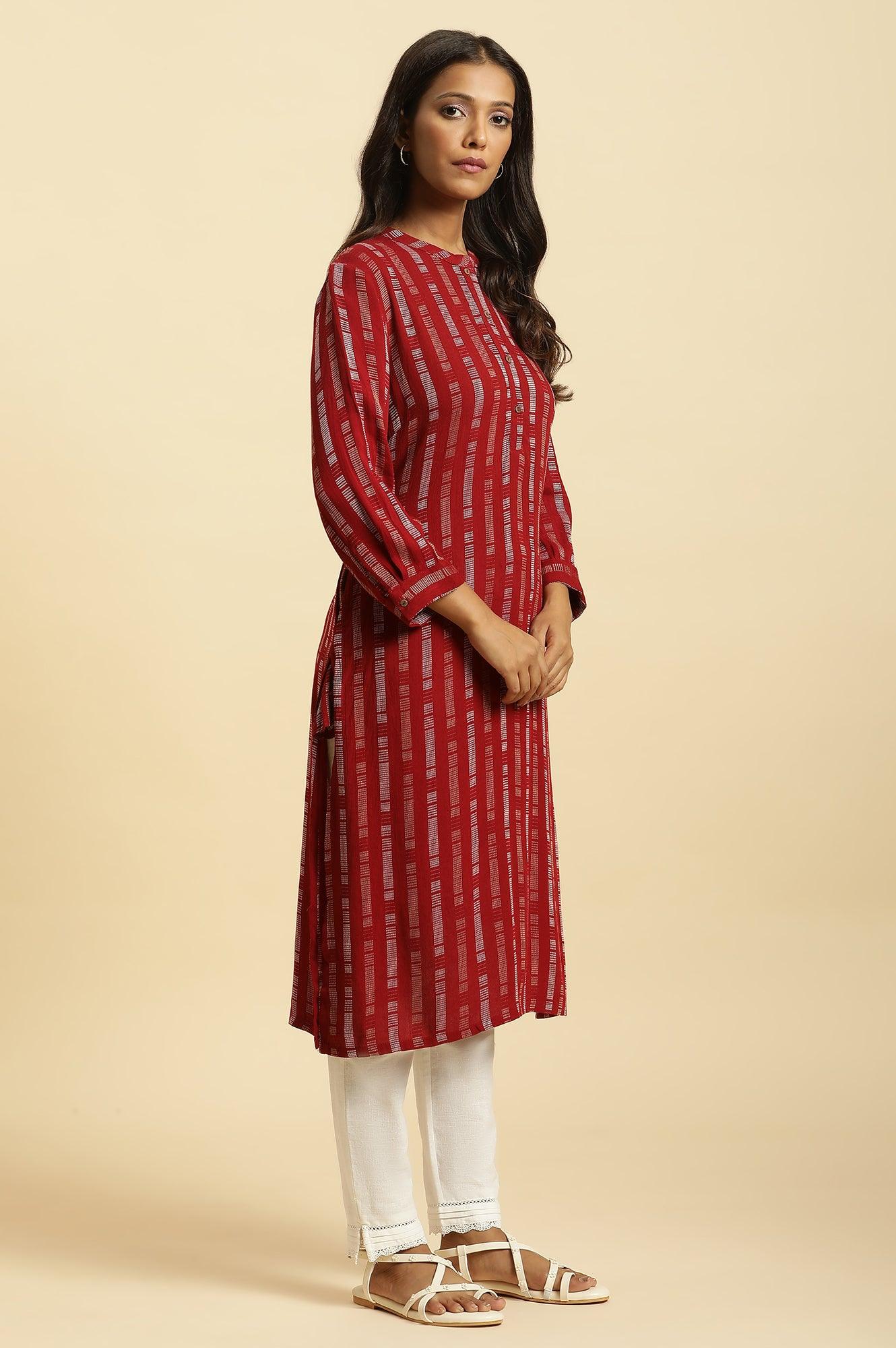 Red Printed Mandarin Collar Casual Kurta - wforwoman