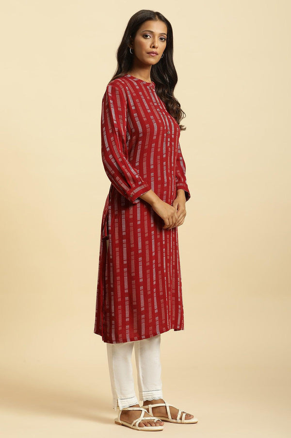 Red Printed Mandarin Collar Casual Kurta