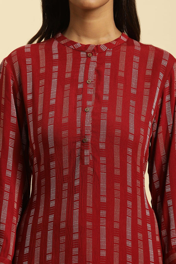 Red Printed Mandarin Collar Casual Kurta
