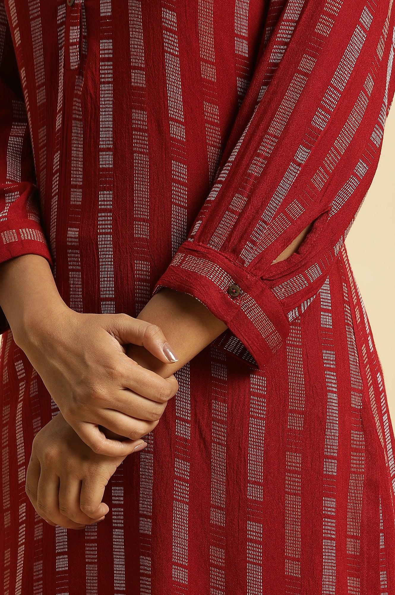 Red Printed Mandarin Collar Casual Kurta - wforwoman