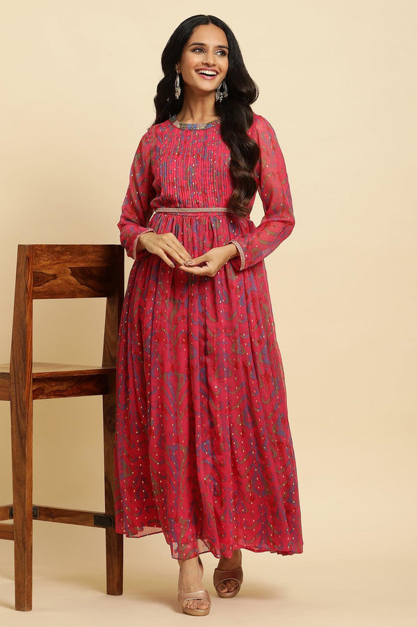 Pink Ikkat Printed Embellished Dress