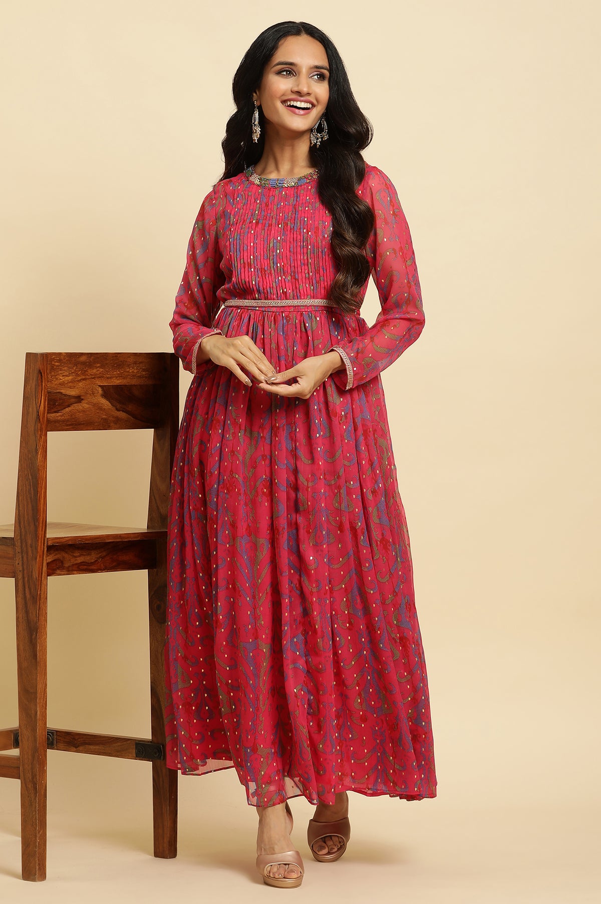 Pink Ikkat Printed Embellished Dress - XS