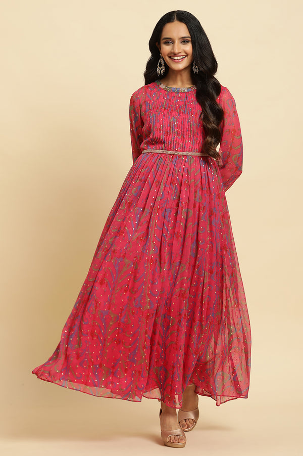 Pink Ikkat Printed Embellished Dress