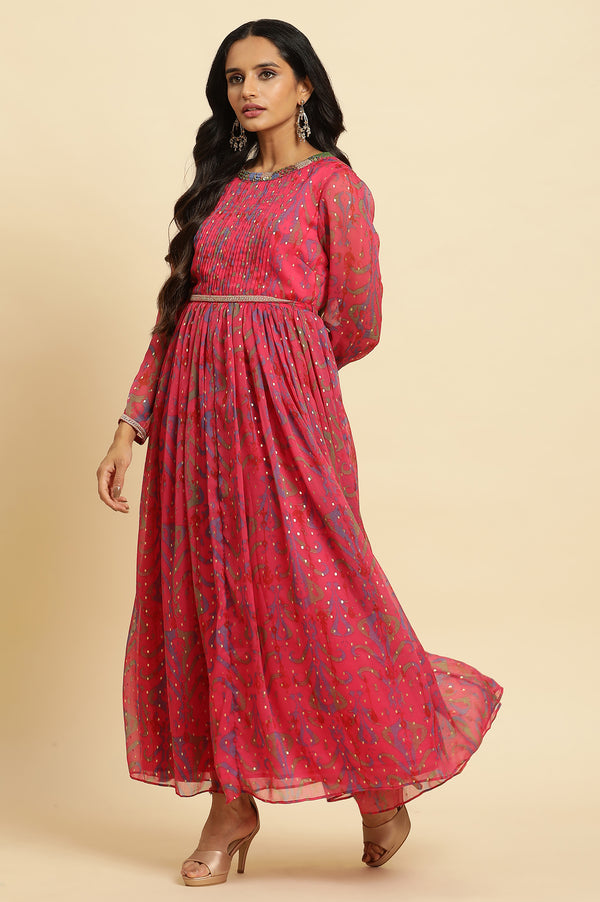 Pink Ikkat Printed Embellished Dress