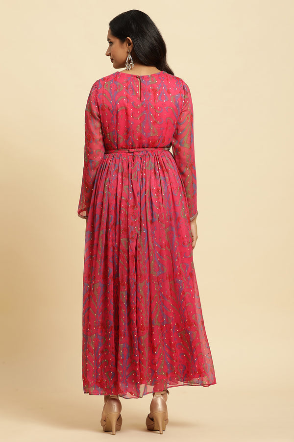 Pink Ikkat Printed Embellished Dress