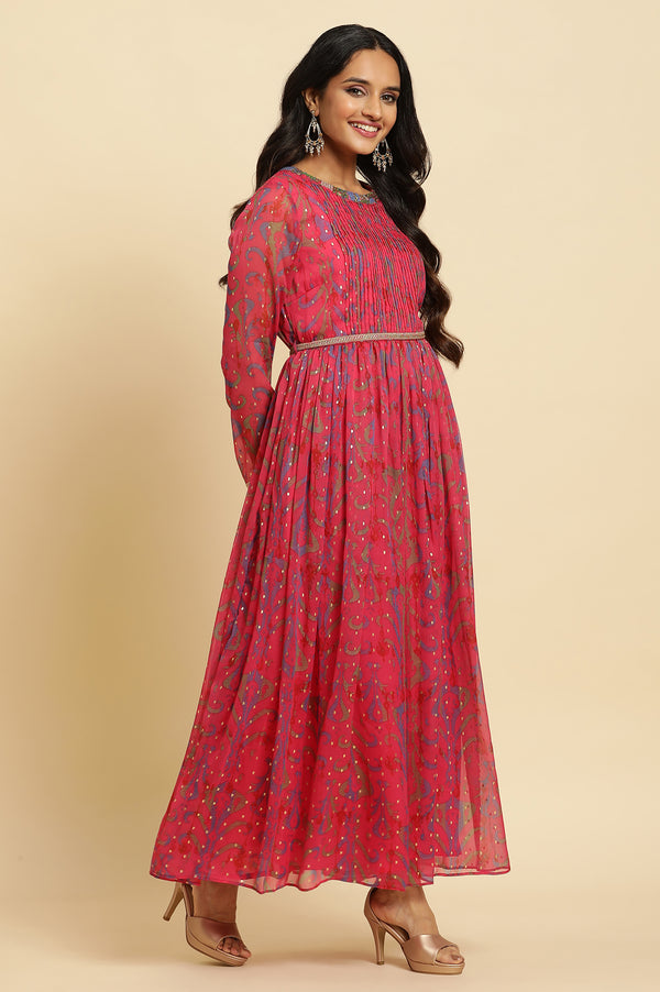 Pink Ikkat Printed Embellished Dress
