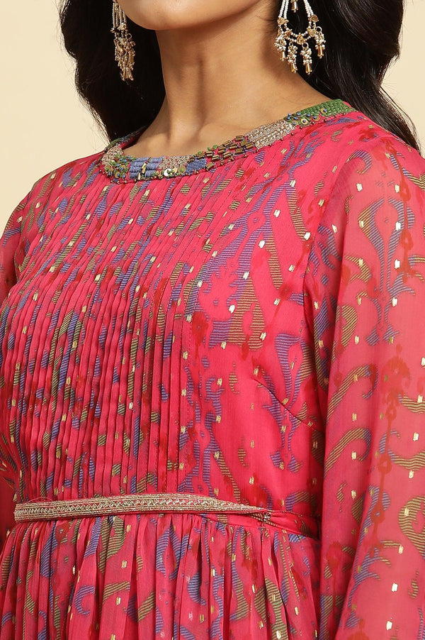 Pink Ikkat Printed Embellished Dress