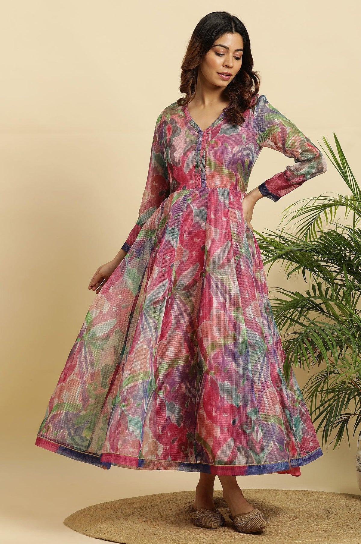 Multi‑Coloured Printed Flared Long Kota Cotton Kurta - XS