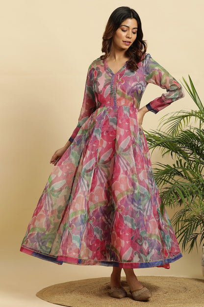 Multi-Coloured Printed Flared Long Kota Kurta - wforwoman