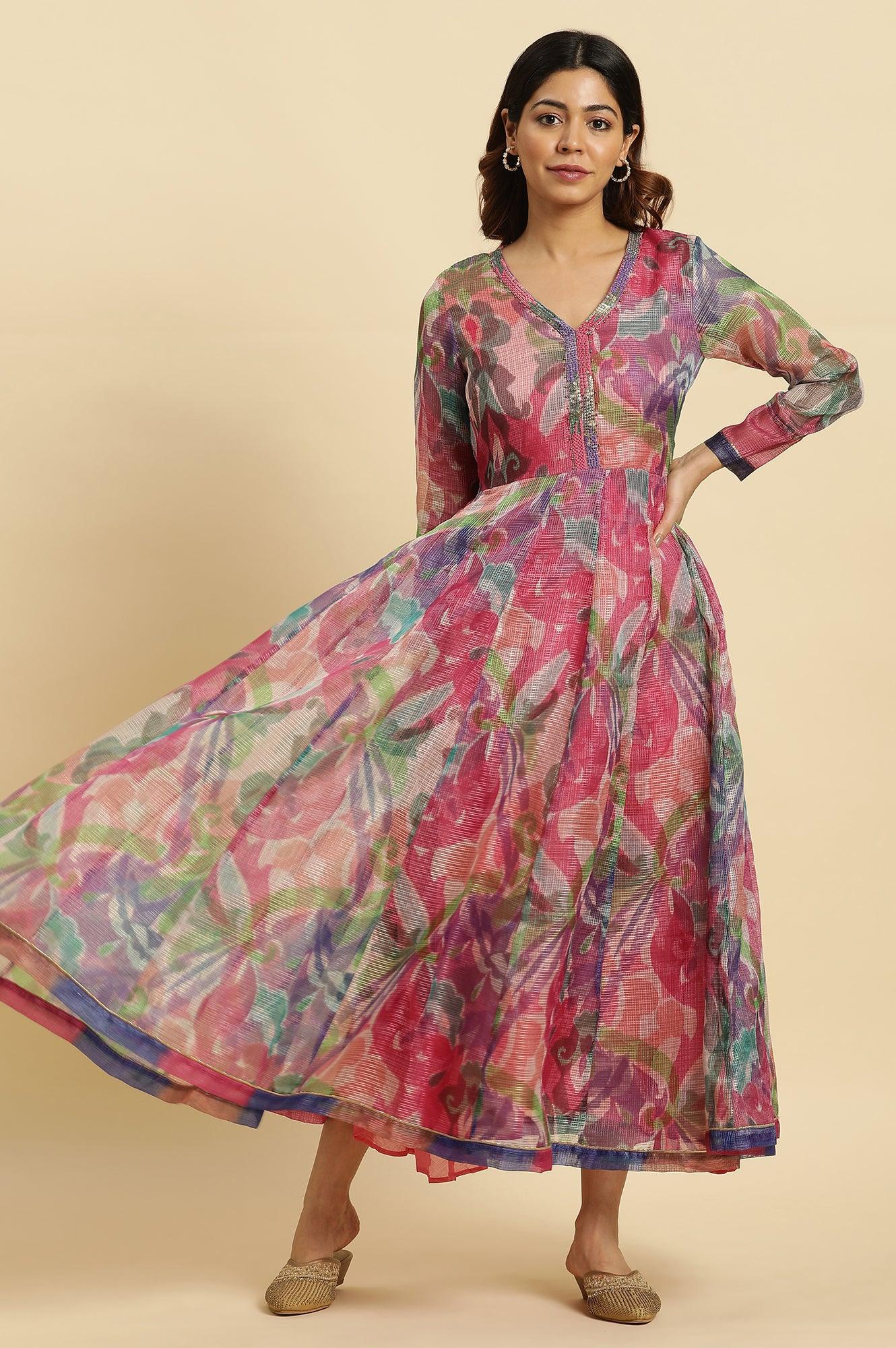 Multi-Coloured Printed Flared Long Kota Kurta - wforwoman