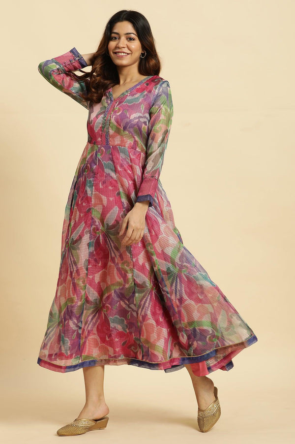 Multi‑Coloured Printed Flared Long Kota Cotton Kurta