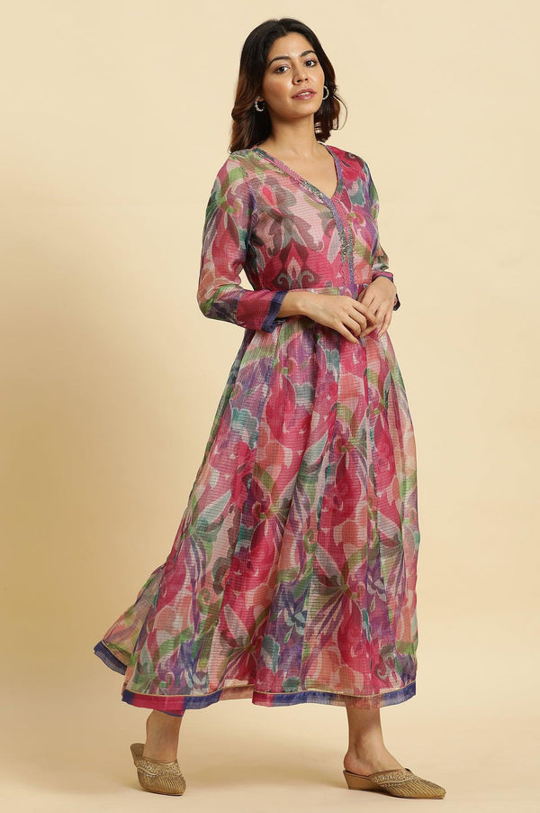 Multi‑Coloured Printed Flared Long Kota Cotton Kurta