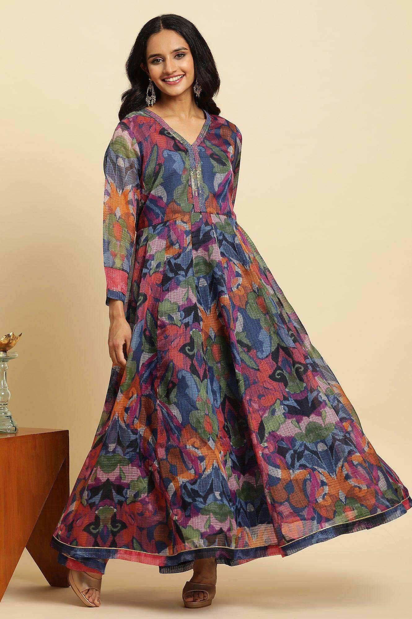 Multi-Coloured Layered Kota Ikat Printed Dress - wforwoman