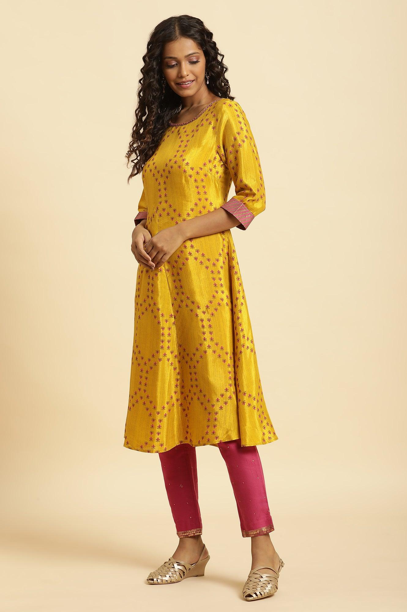 Yellow Geometric Printed A-Line Kurta - wforwoman