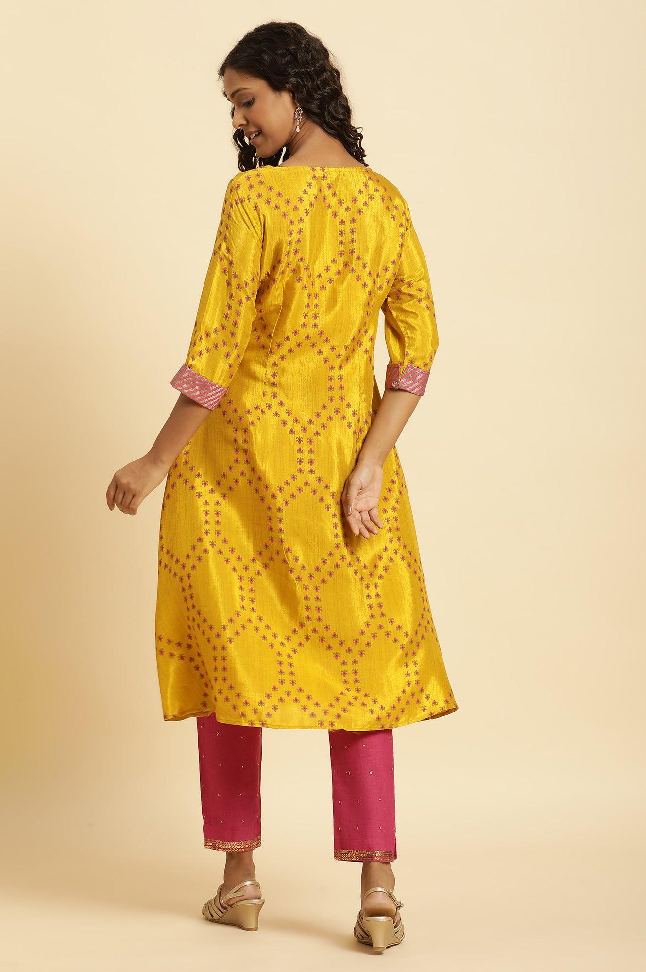 Yellow Geometric Printed A-Line Kurta - wforwoman