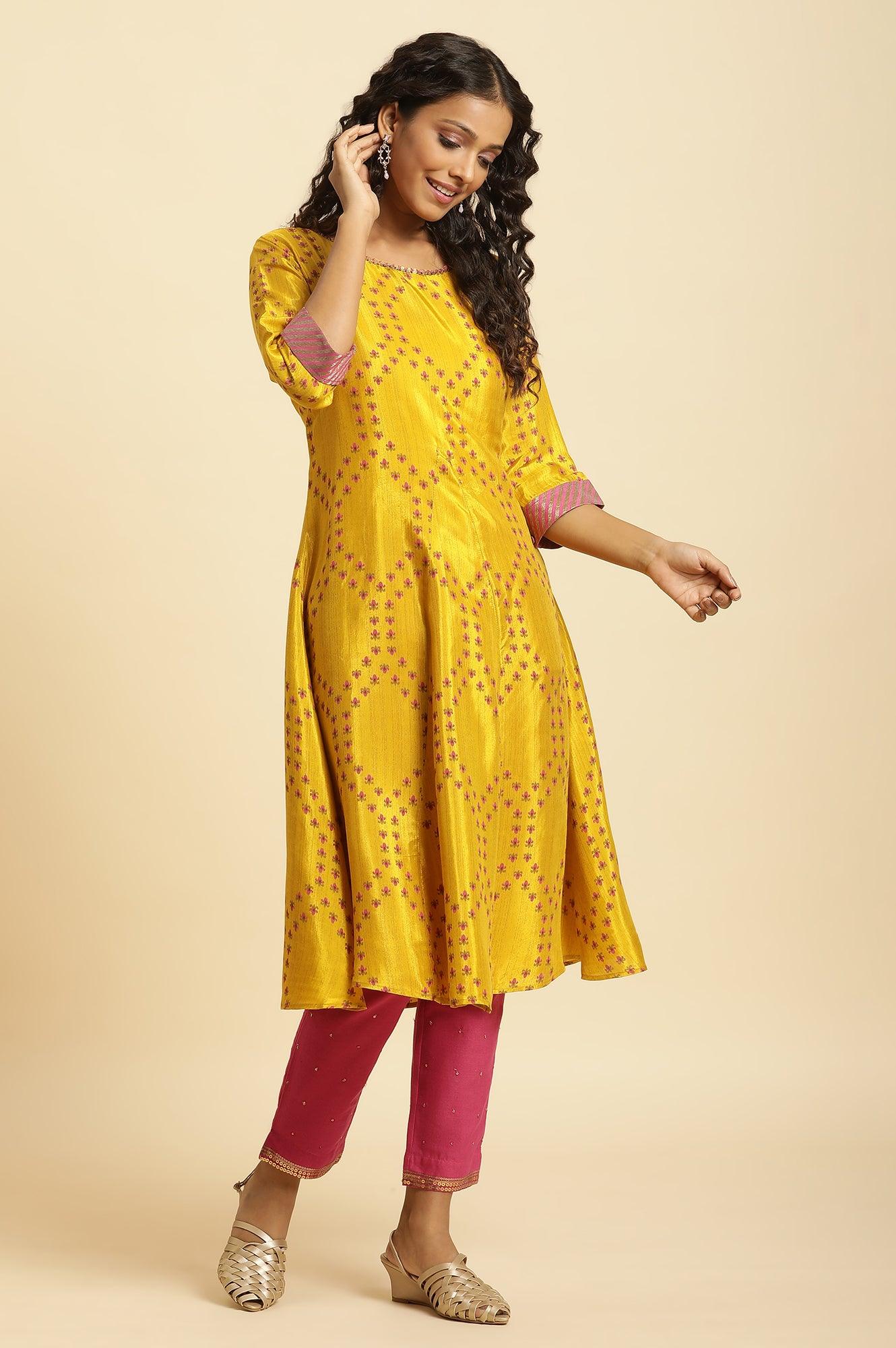 Yellow Geometric Printed A-Line Kurta - wforwoman