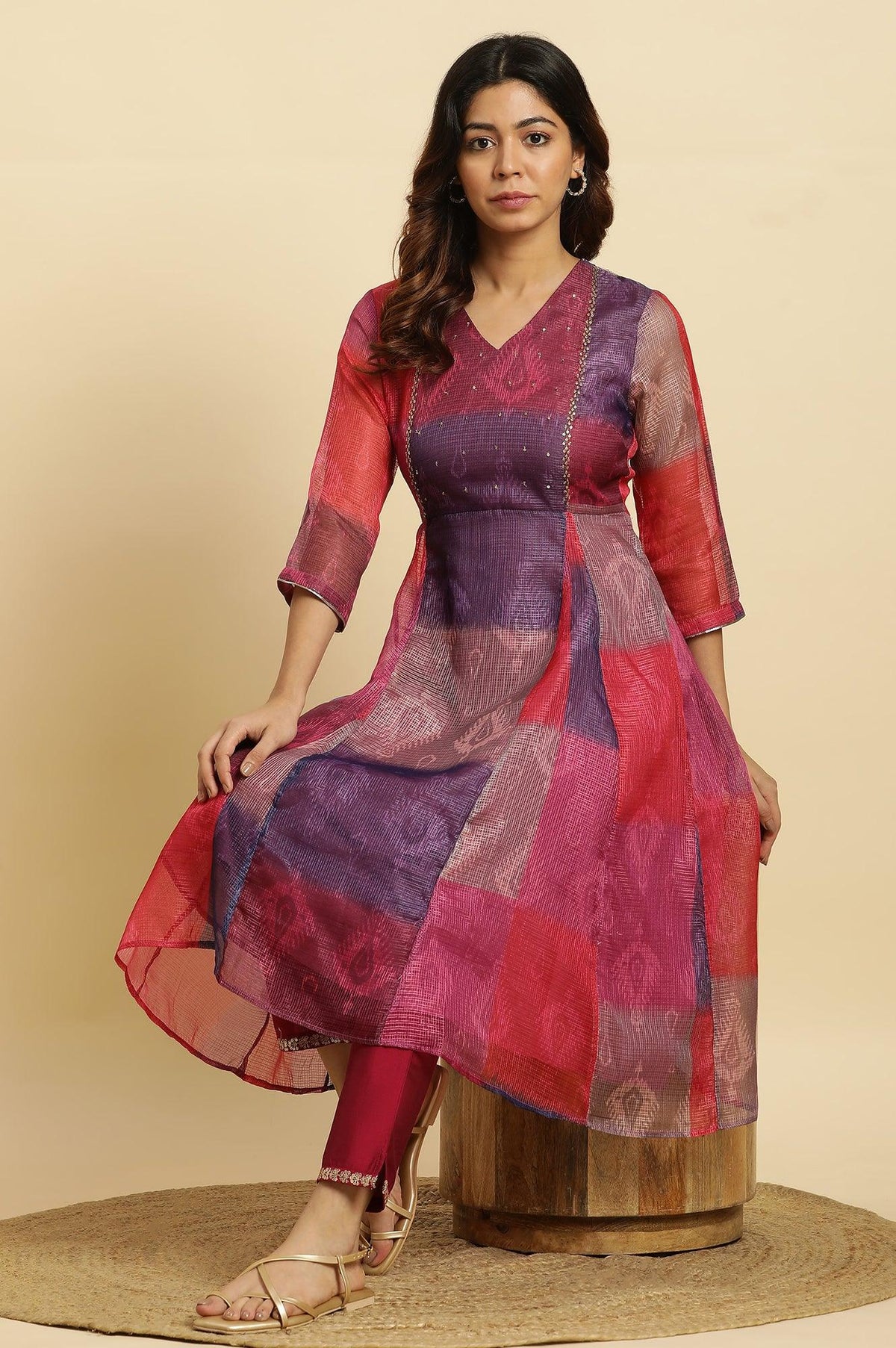 Multi-Coloured Ikkat Printed Kota Kurta - XS