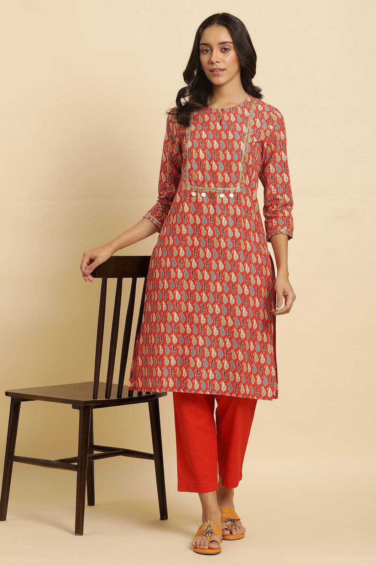 Orange Chunki Dori Embroidered Straight Kurta
