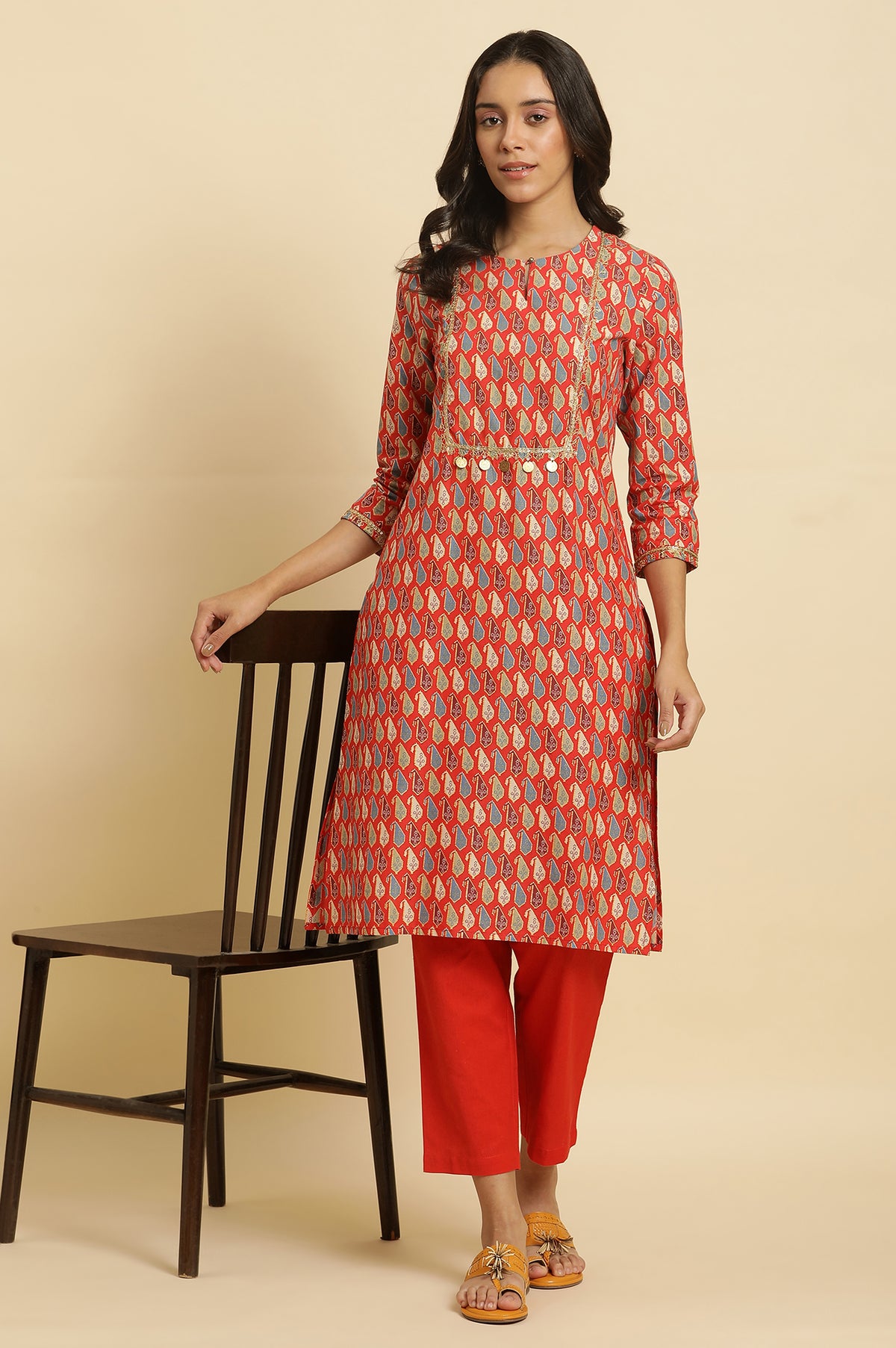 Orange Chunki Dori Embroidered Kurta - XS