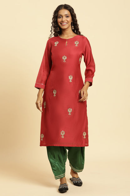 Red Solid Embroidered Dori Straight Chanderi Kurta