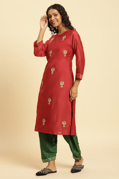 Red Solid Embroidered Dori Straight Chanderi Kurta