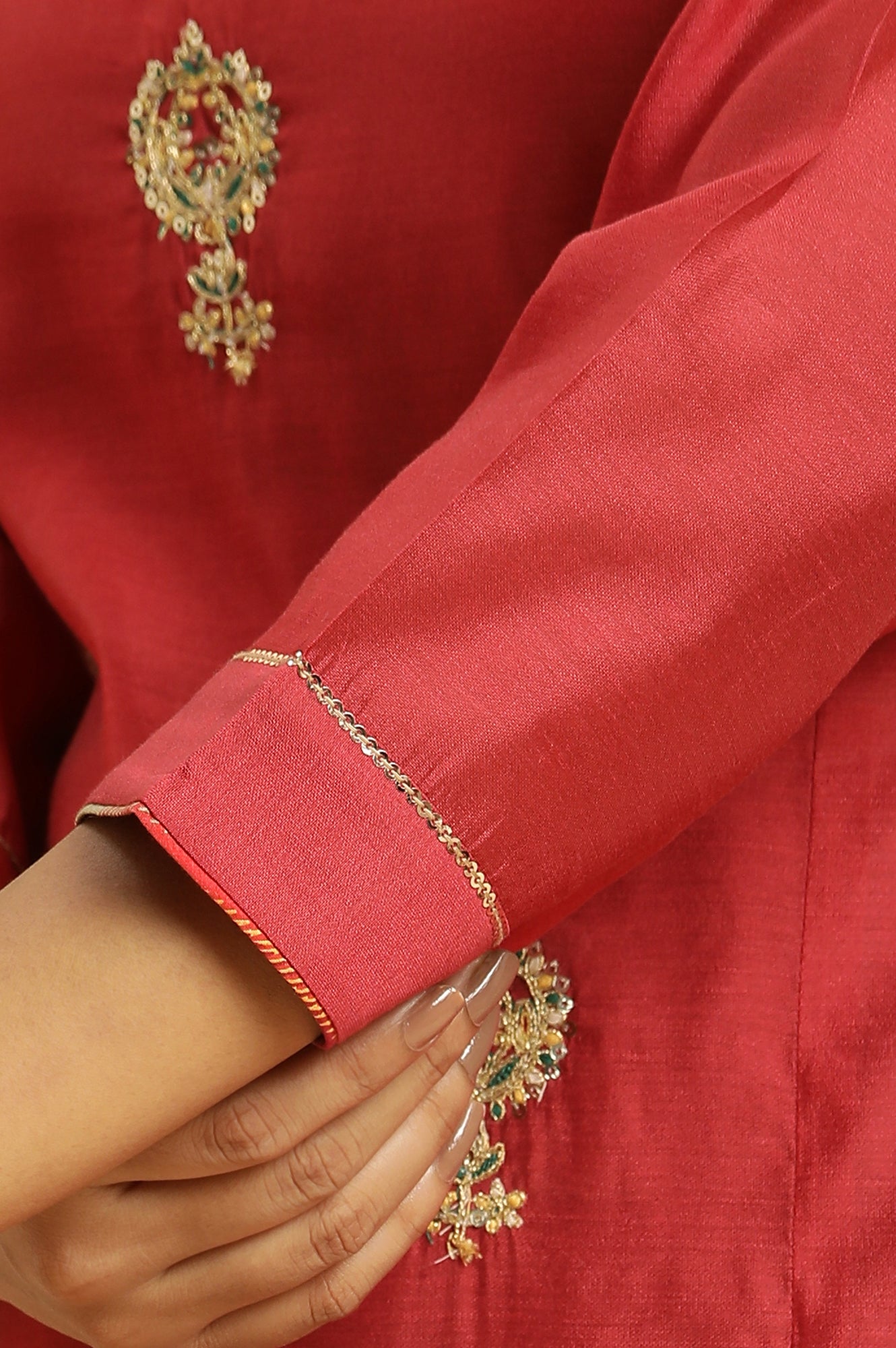 Red Solid Embroidered Dori Straight Chanderi Kurta