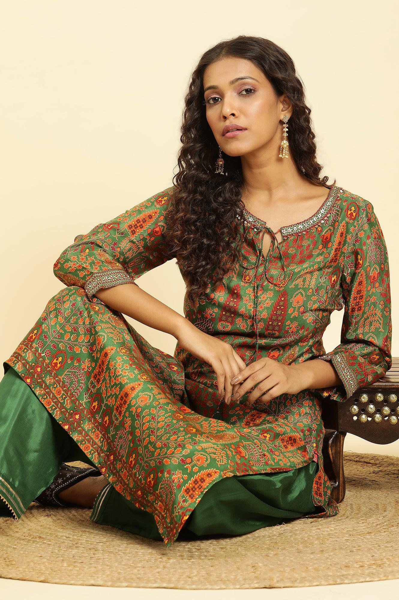 Green Printed Festive Kurta With Embroidery - wforwoman