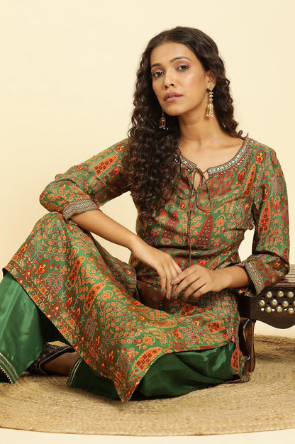 Green Printed Festive Kurta With Embroidery - wforwoman