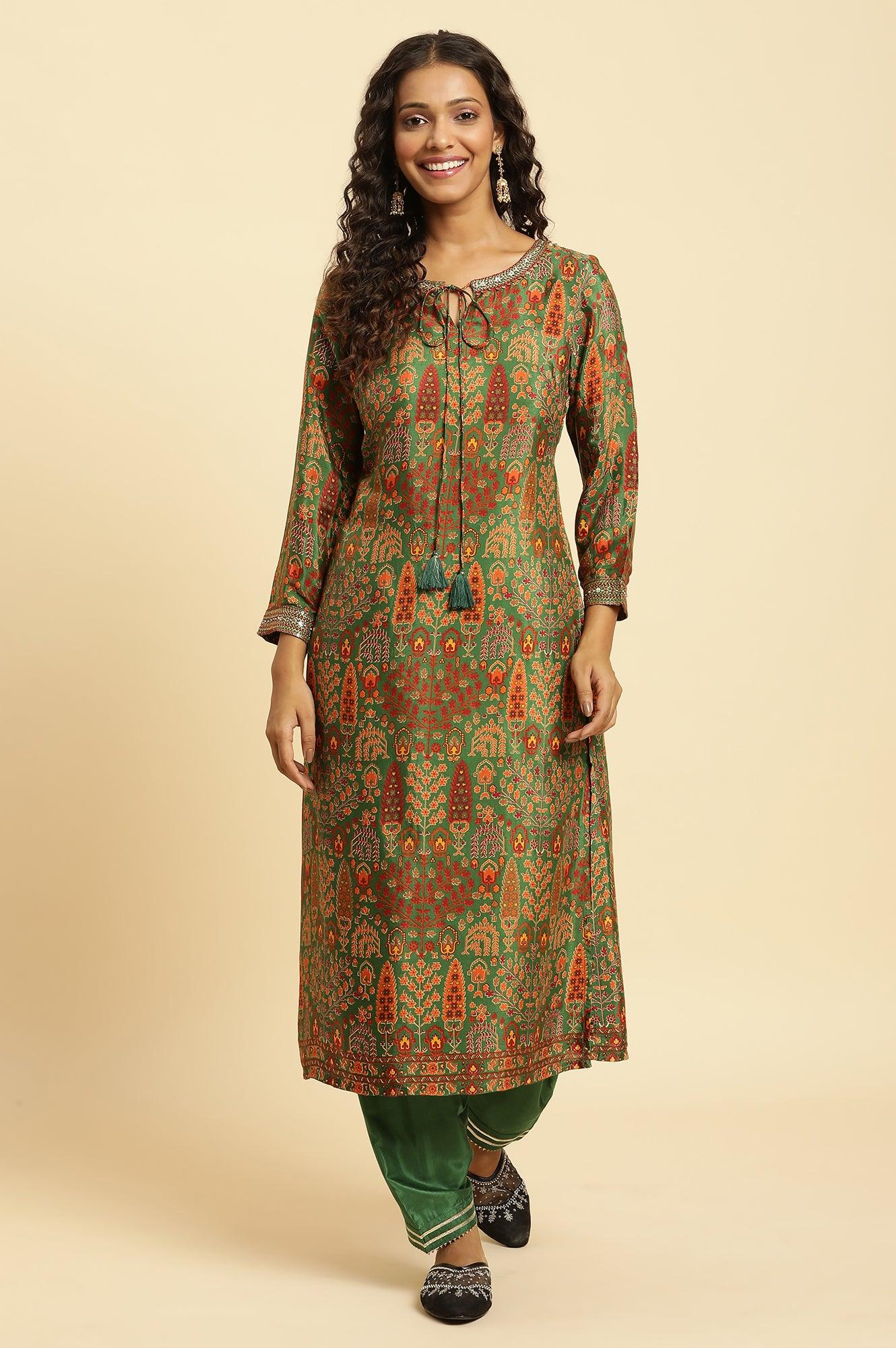 Green Printed Festive Kurta With Embroidery - wforwoman