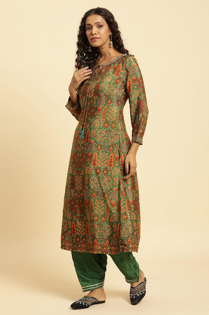 Green Printed Festive Kurta With Embroidery - wforwoman