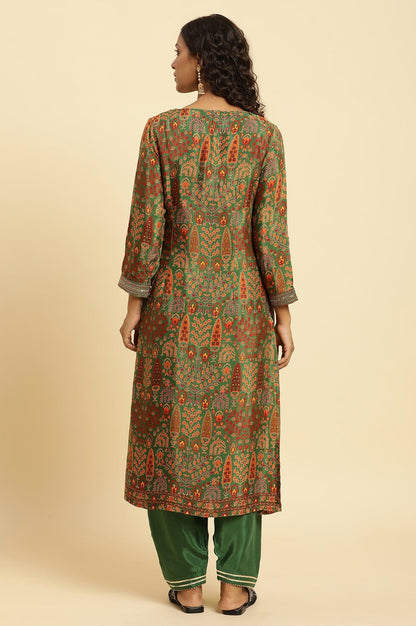 Green Printed Festive Kurta With Embroidery - wforwoman