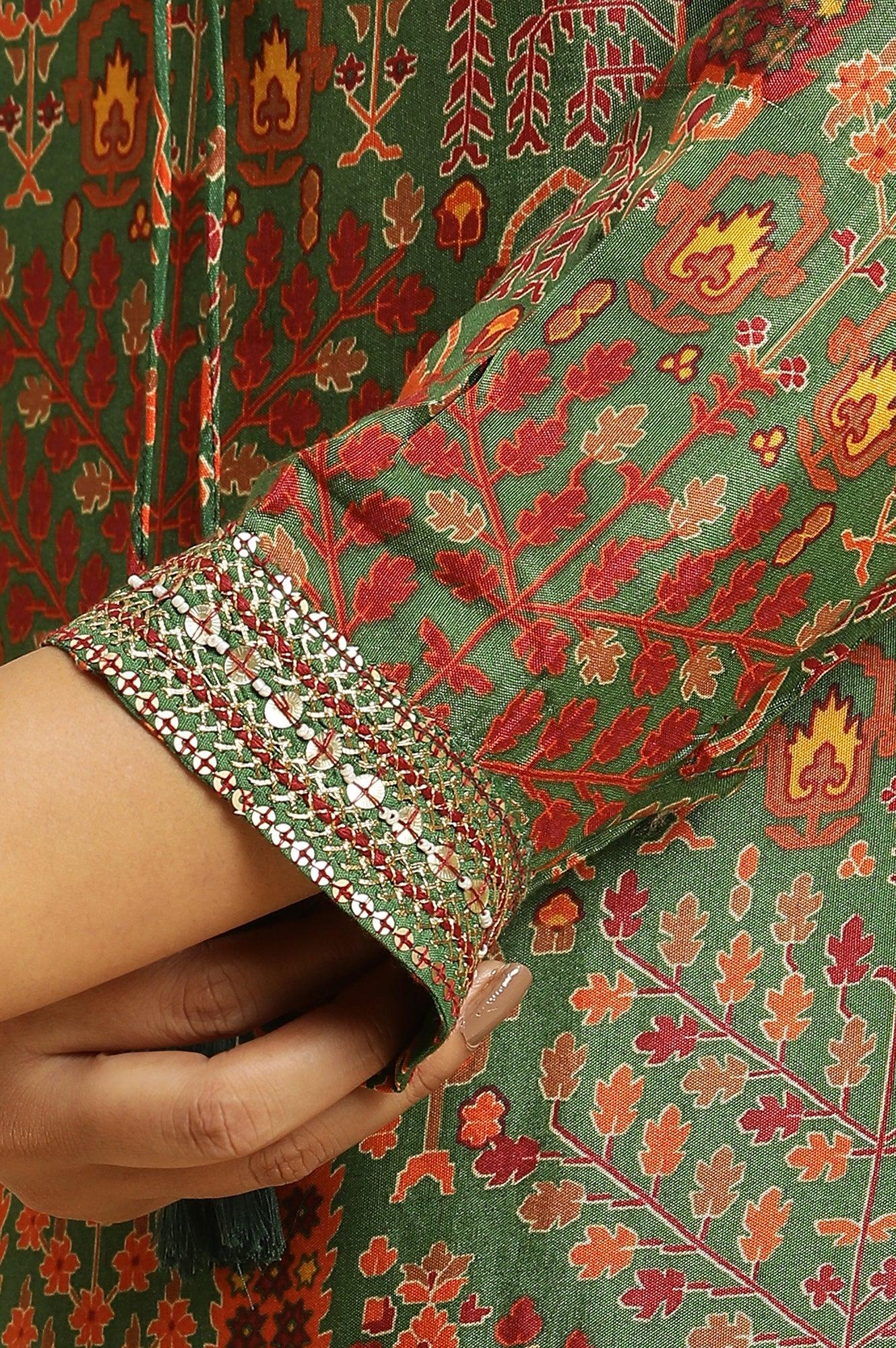 Green Printed Festive Kurta With Embroidery - wforwoman