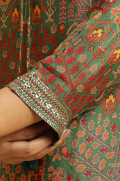 Green Printed Festive Kurta With Embroidery - wforwoman