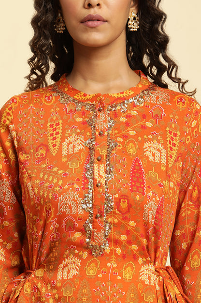 Orange Floral Printed Sequins A-Line Kurta and Parallel Pant Set