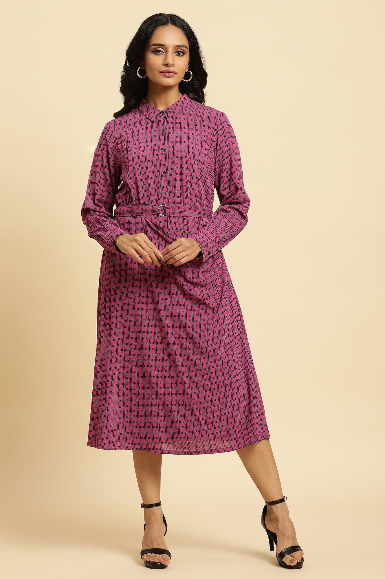 Pink Geometric Printed Mock Wrap Dress - wforwoman