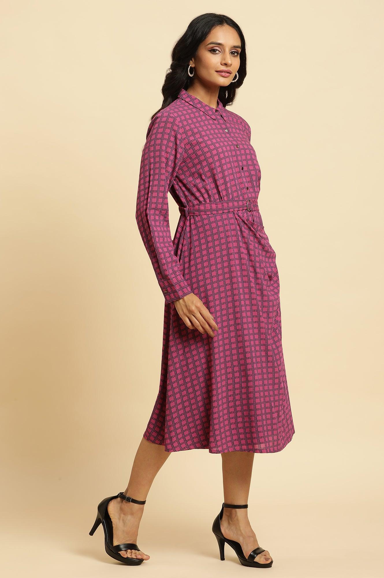 Pink Geometric Printed Mock Wrap Dress - wforwoman
