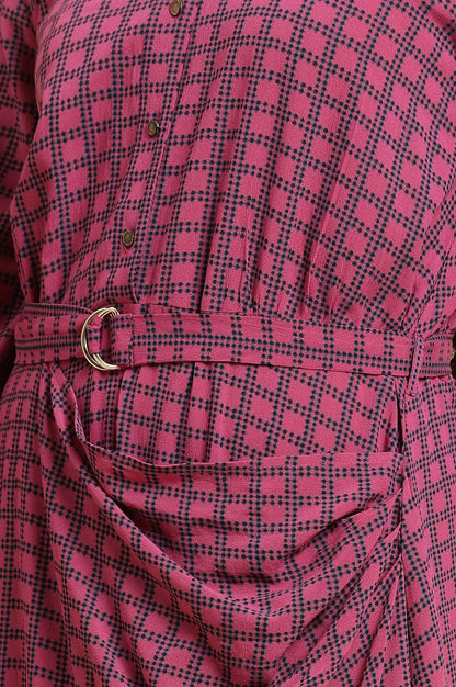 Pink Geometric Printed Mock Wrap Dress - wforwoman