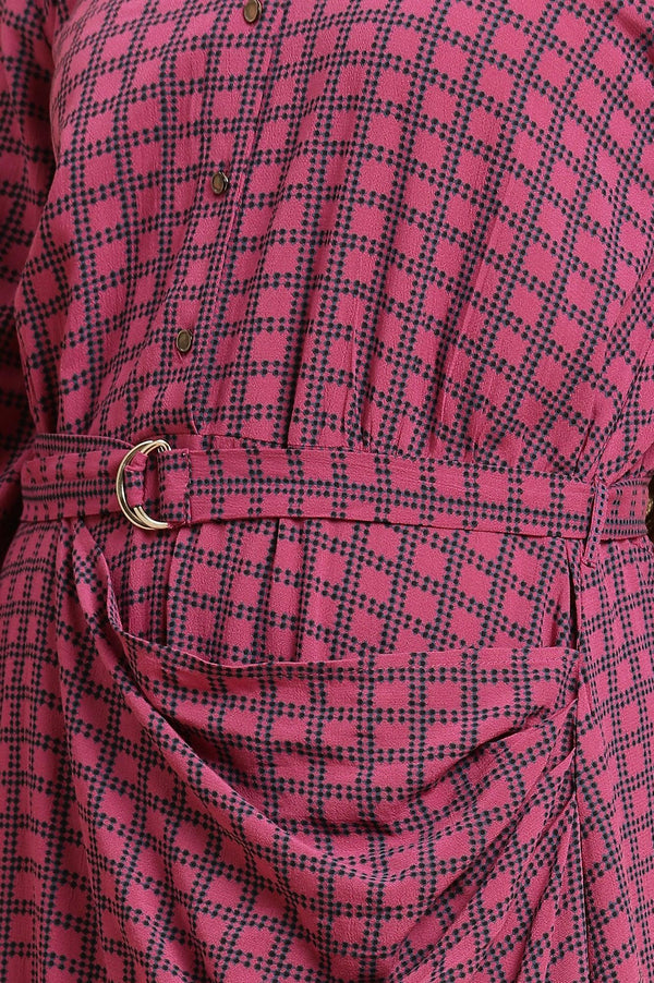 Pink Geometric Printed Mock Wrap Dress