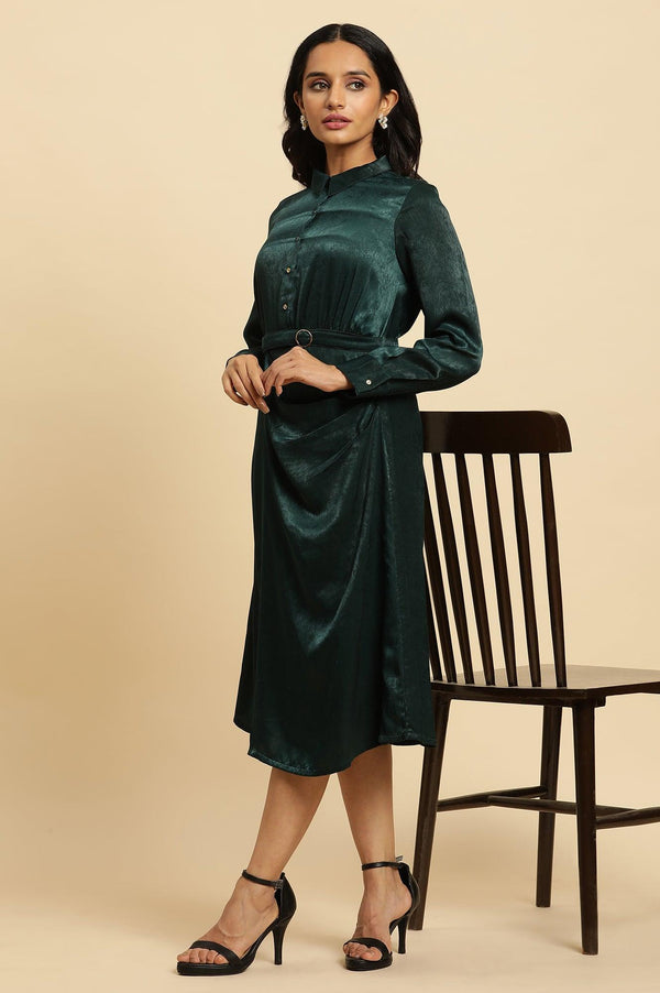 Green Solid Printed Mock Wrap Winter Dress