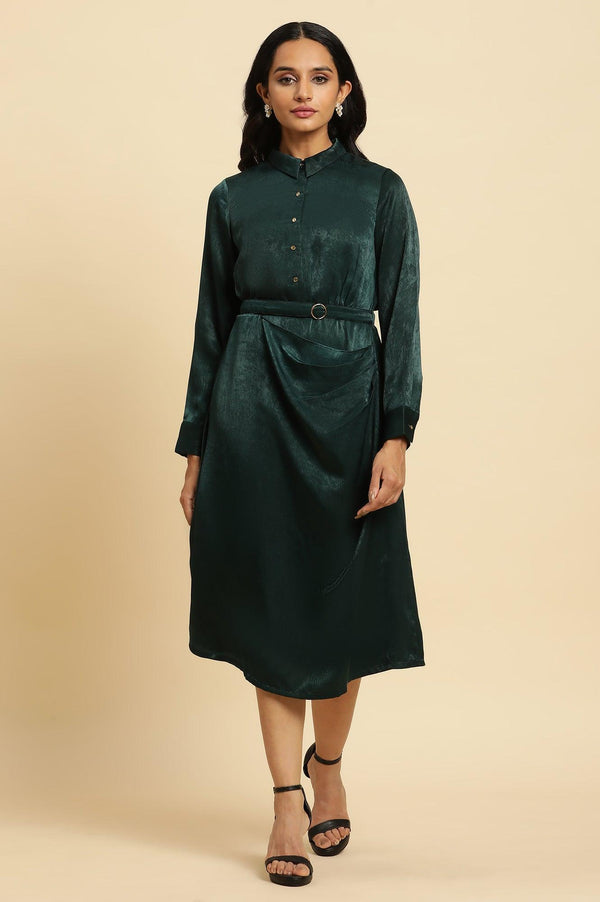 Green Solid Printed Mock Wrap Winter Dress