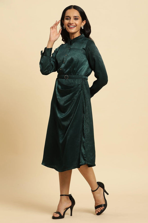 Green Solid Printed Mock Wrap Winter Dress
