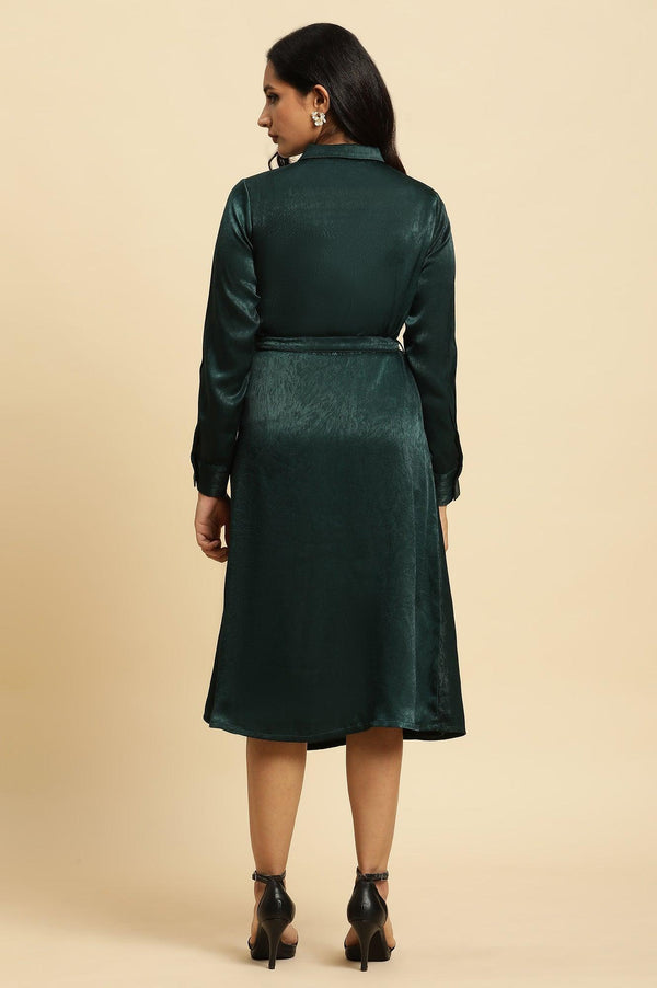Green Solid Printed Mock Wrap Winter Dress