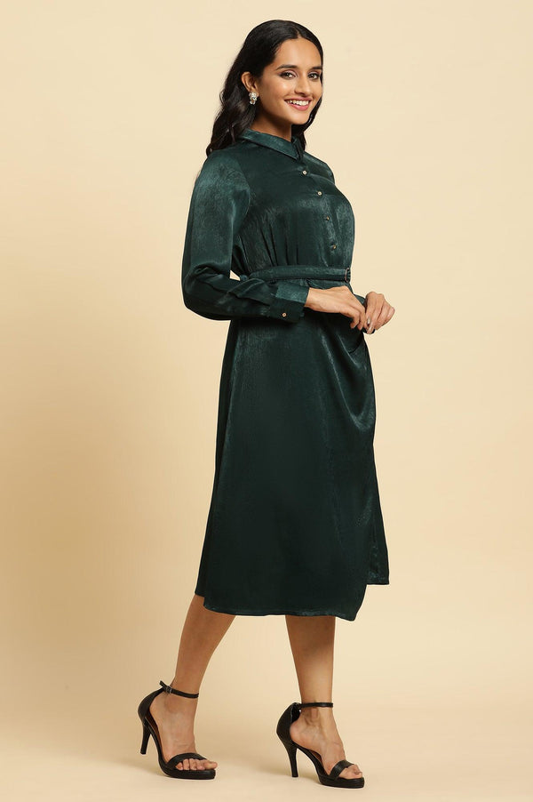 Green Solid Printed Mock Wrap Winter Dress