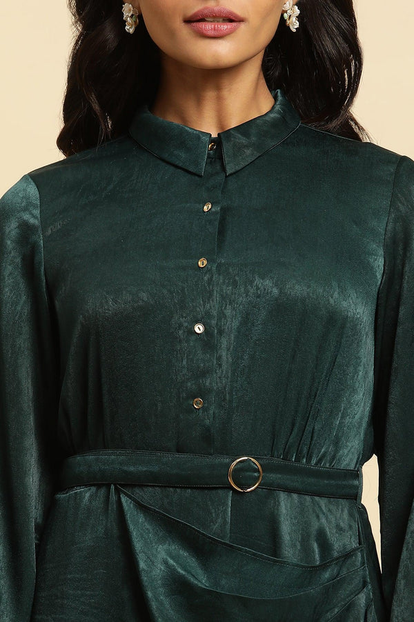 Green Solid Printed Mock Wrap Winter Dress