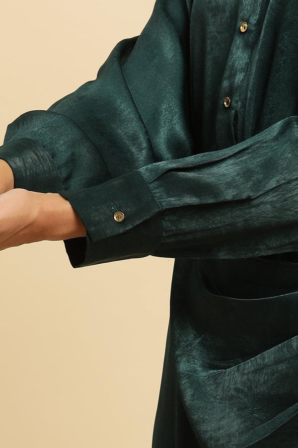 Green Solid Printed Mock Wrap Winter Dress