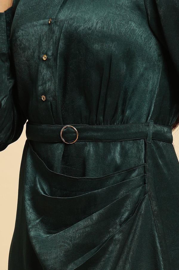 Green Solid Printed Mock Wrap Winter Dress