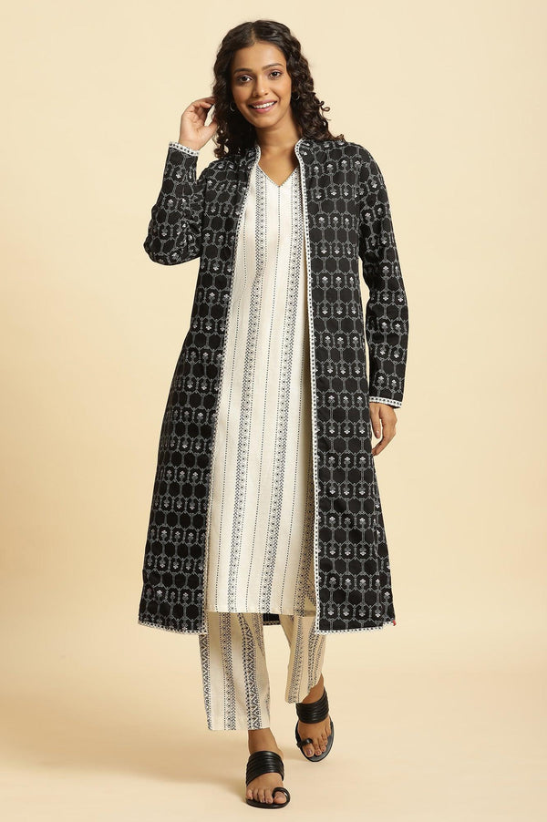 Black Reversible Front Open Jacket In White Print